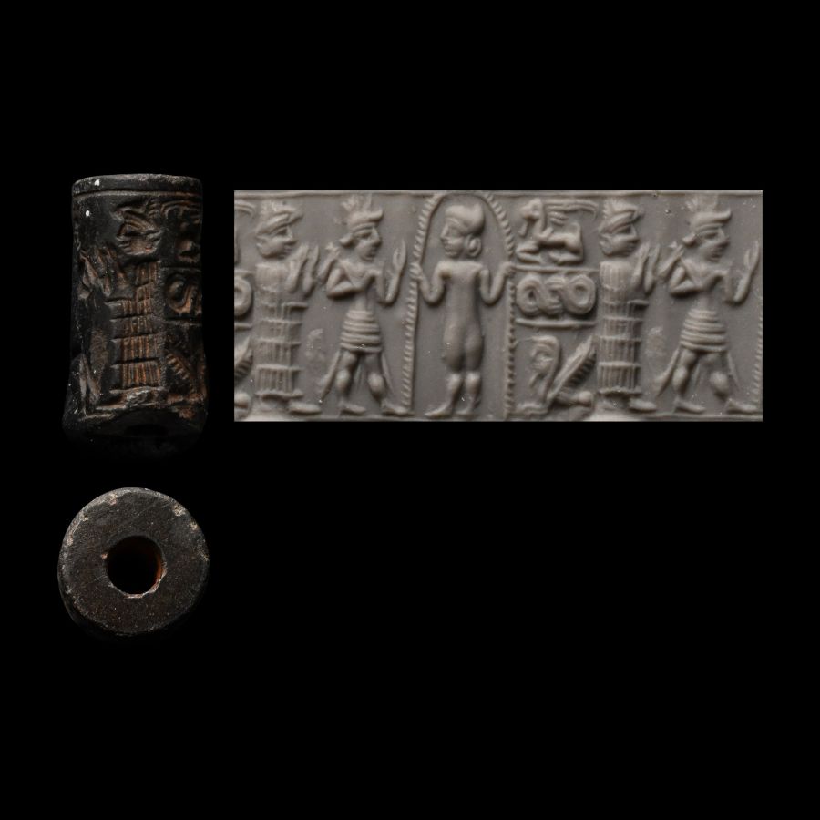 Western Asiatic Haematite Cylinder Seal with Worship Scene
