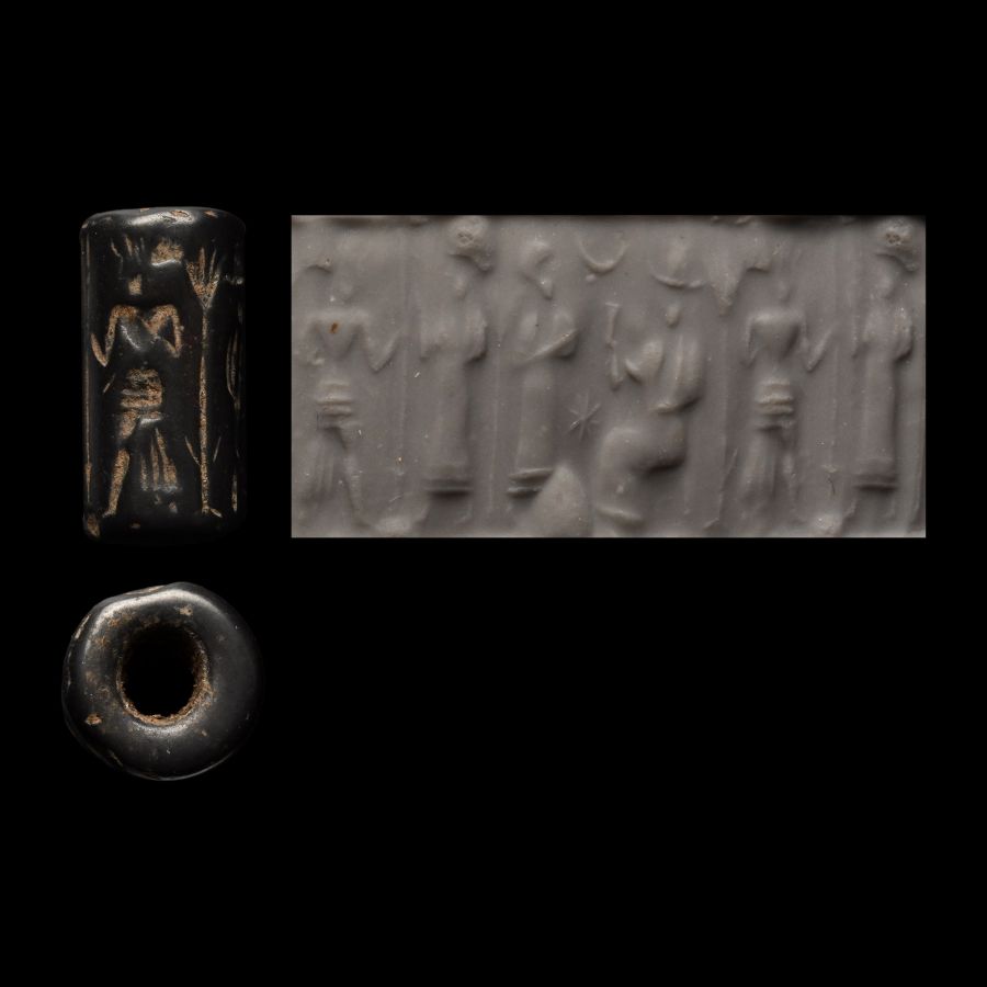 Western Asiatic Haematite Cylinder Seal with Worship Scene