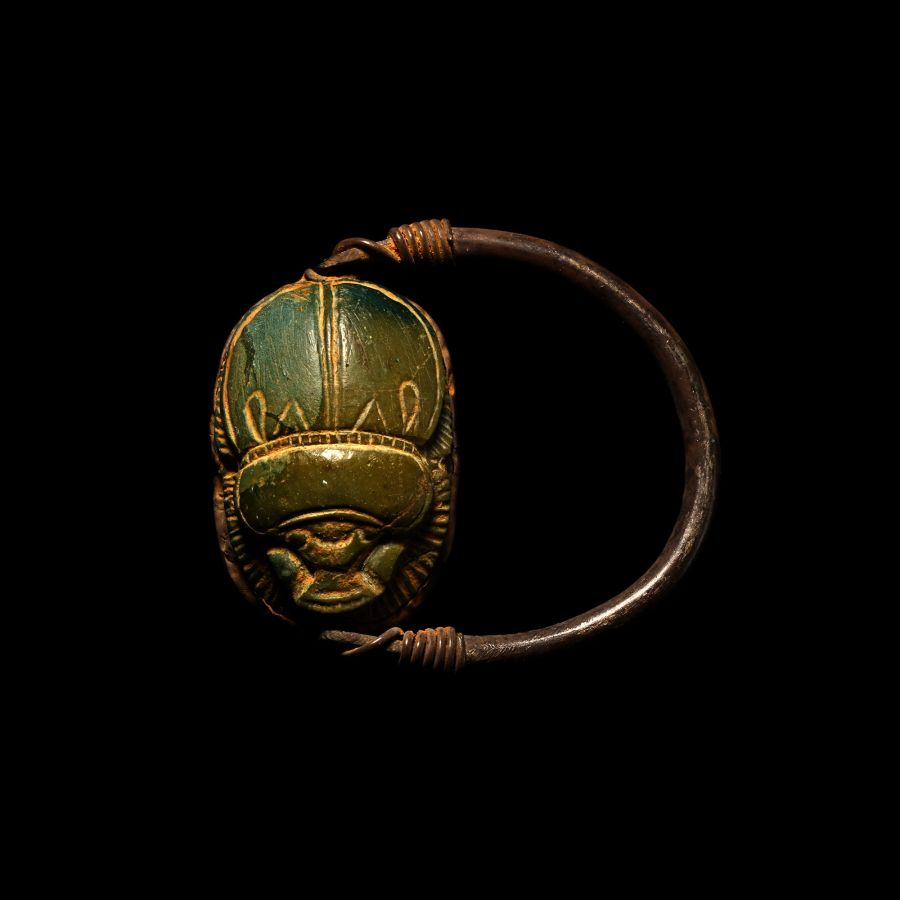 Egyptian Green Stone Scarab in Silver Swivel Ring