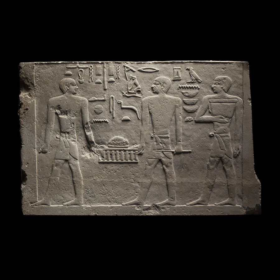 Egyptian Limestone Bas-Relief Panel of Ptah Presiding Over the Smelting of Metals