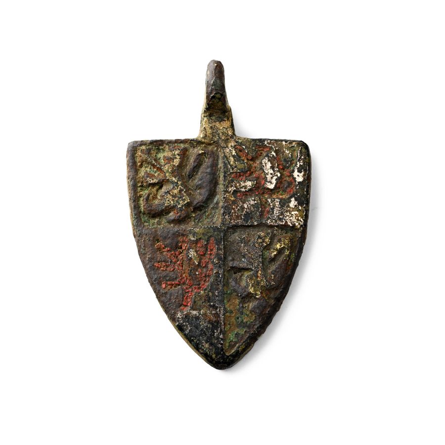 Medieval Enamelled Gilt Bronze Heraldic Horse Harness Pendant for Philippa of Hainault, Queen of Edward III