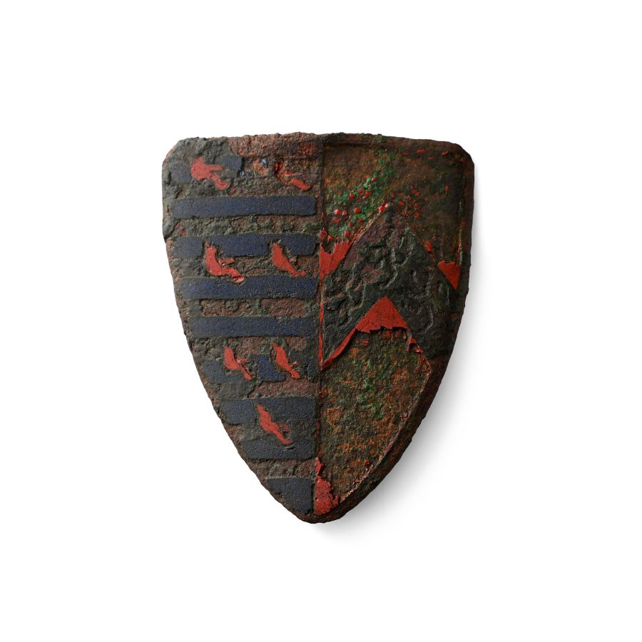 Large Medieval Knight's Enamelled Bronze Heraldic Plaque with the Arm of the Valance Family, Earls of Pembroke and those of the Barons of Cobham in Kent