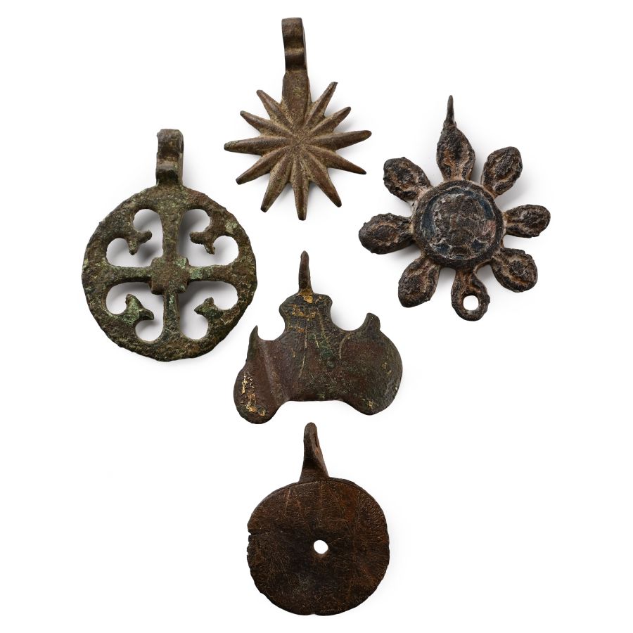Large Medieval Knight's Bronze Heraldic Horse Harness Pendant Group