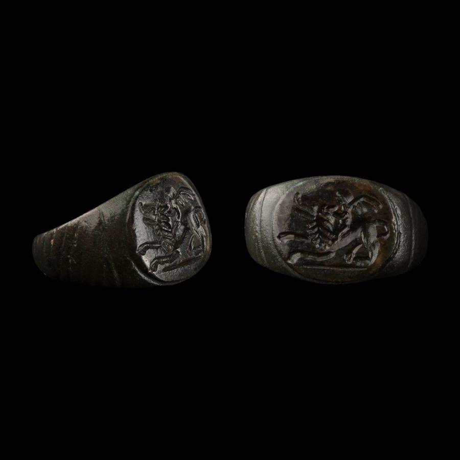 Roman Bronze Ring with Cupid Riding a Lion