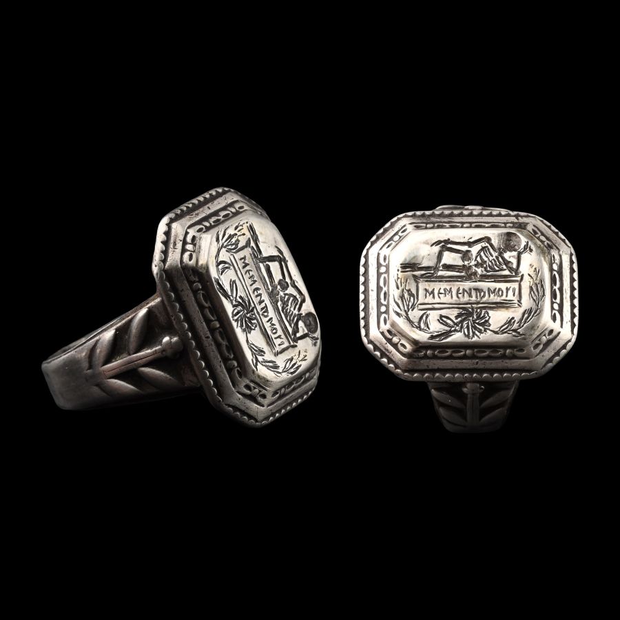 Georgian Silver Memento Mori Ring with Skeleton Reclining on a Coffin