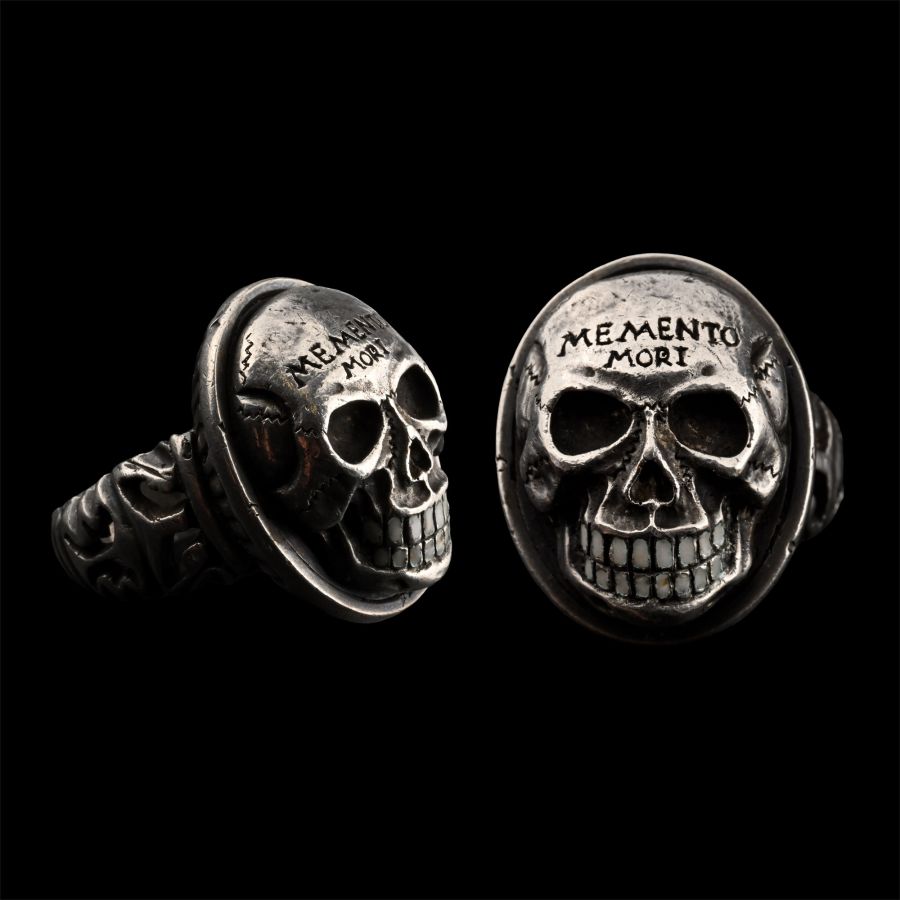 Large Enamelled Silver Memento Mori Skull Ring