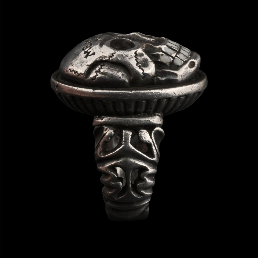 Large Enamelled Silver Memento Mori Skull Ring