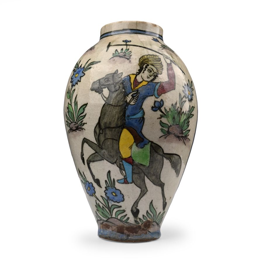 Persian Glazed Ceramic Vase with Polo Player