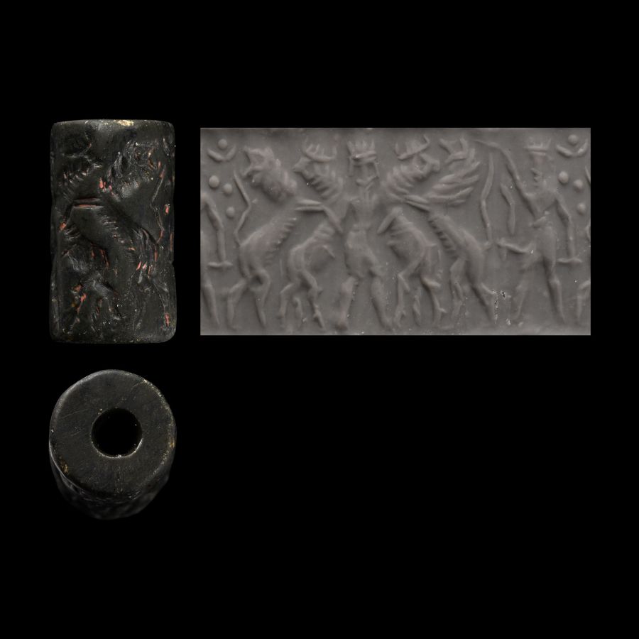 Akkadian Stone Cylinder Seal with Divine Hero