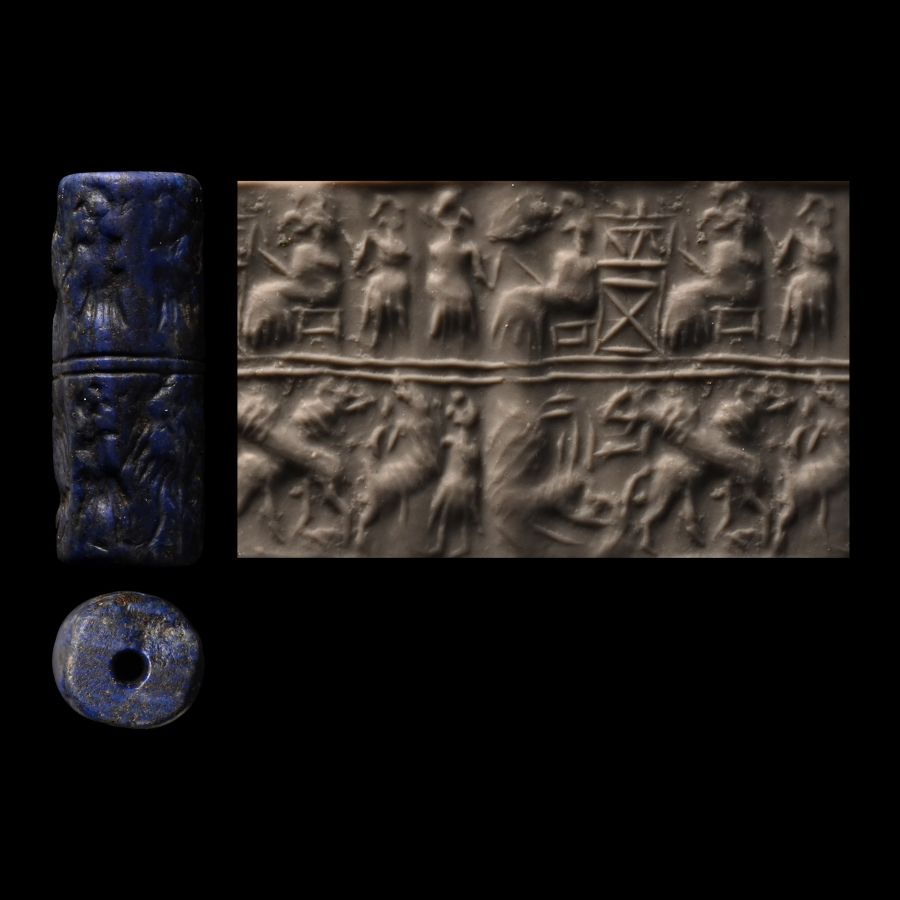 Sumerian Lapis Lazuli Cylinder Seal with Gods and Attendant