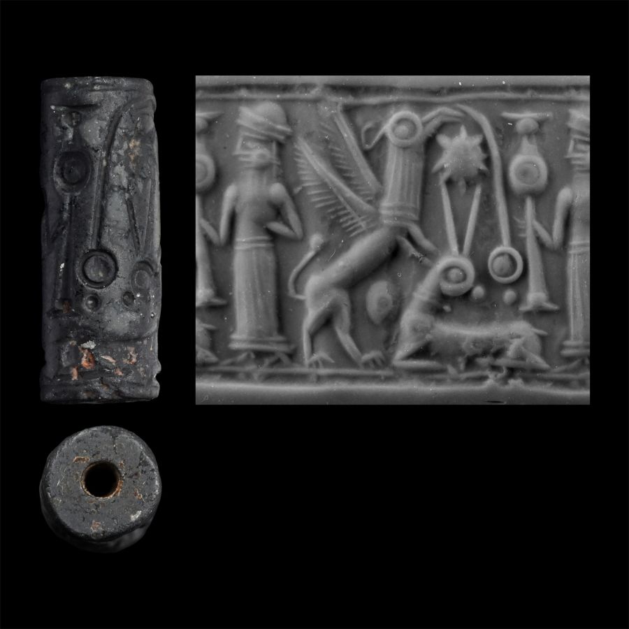 Mitanni Hematite Cylinder Seal with Standing Deity Opposing Sphinx