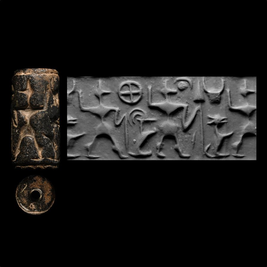 North-Syrian Black Stone Cylinder Seal with Storm God