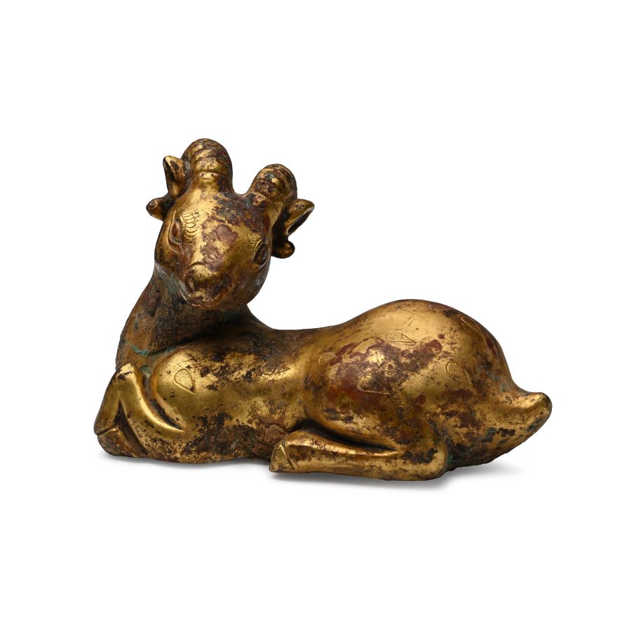 Chinese Song Style Gilt Reclining Ram Statuette