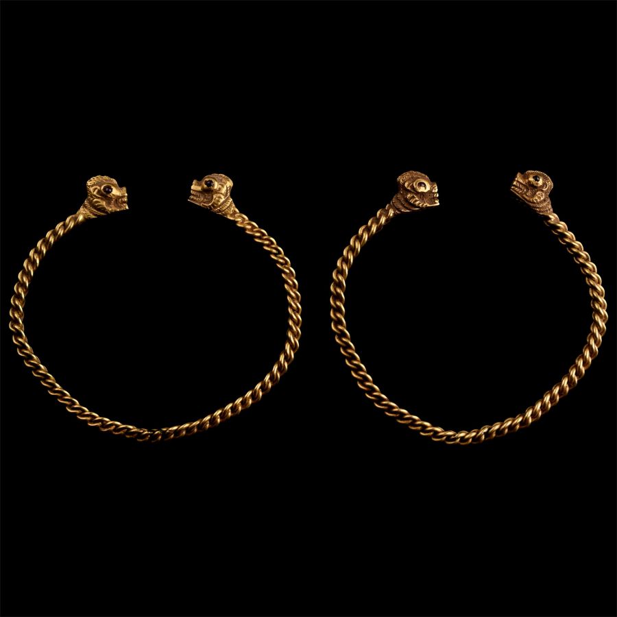 Northern Thai Gold Dragon-Headed Bracelets with Rubies and Sapphires