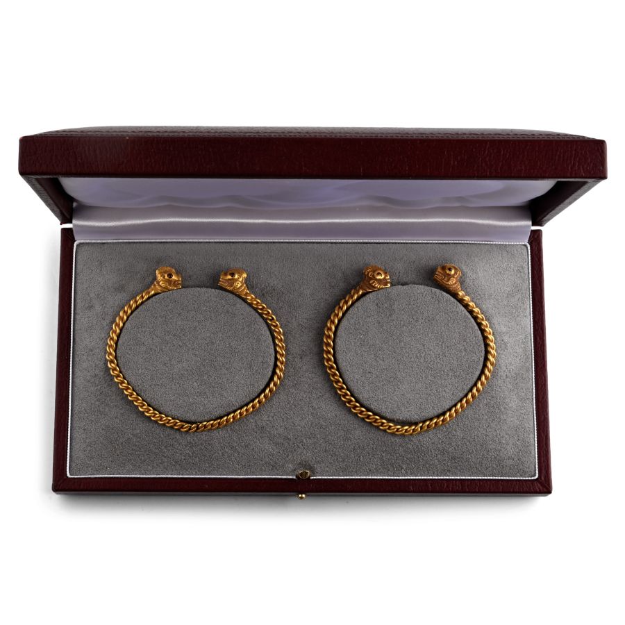 Northern Thai Gold Dragon-Headed Bracelets with Rubies and Sapphires