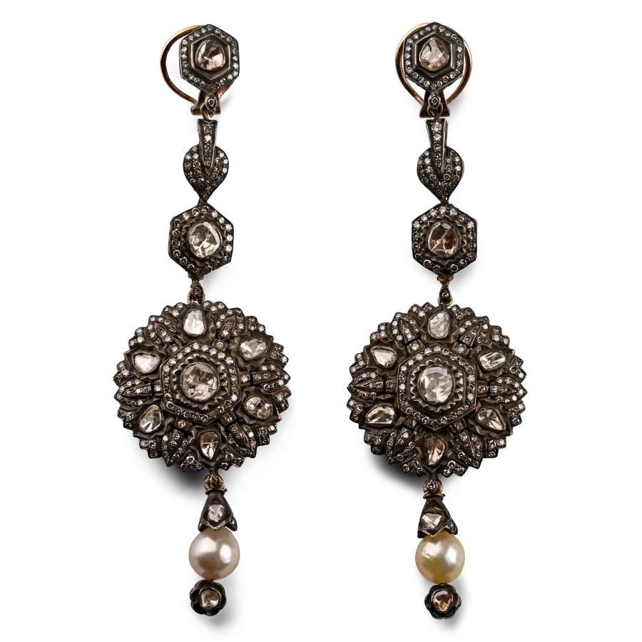 Pair of Elaborate Gold and Silver Earrings Set with Diamonds