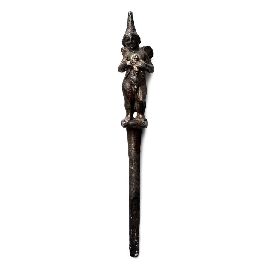 Roman Silver-Gilt Pin with Nude Cupid Holding Bee