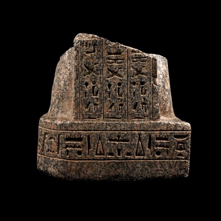 Monumental Egyptian Granite Statue Base with Hieroglyphics