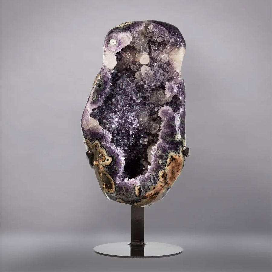 Agatised Amethyst Crystal Geode Section with Polished Exterior