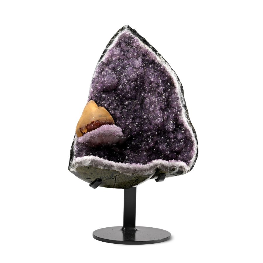 Triangular Amethyst Crystal Geode Section with Calcite