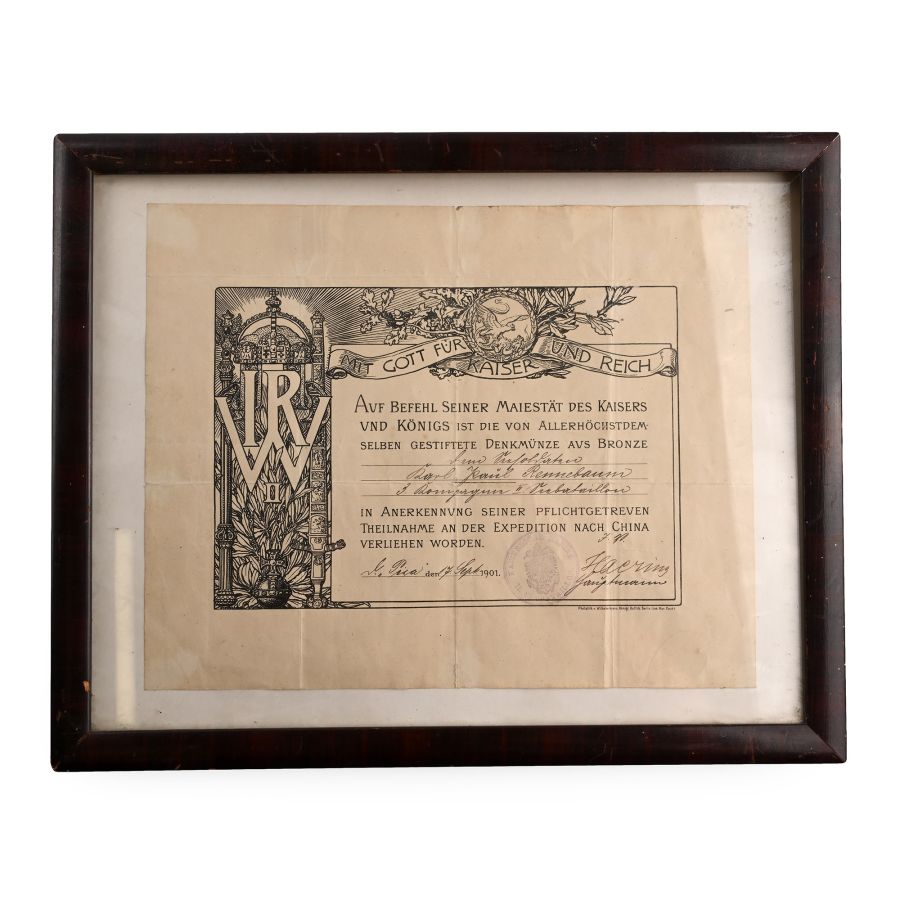 Framed German Expedition to China Medal Certificate