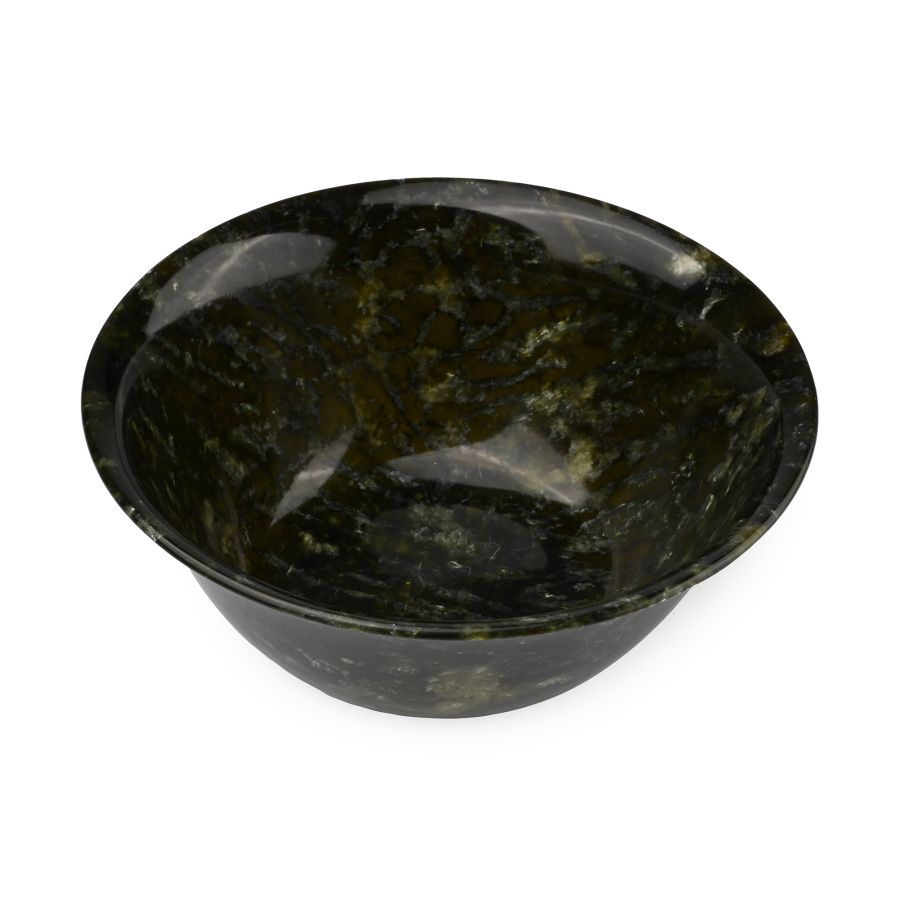 Chinese Carved Mottled Green Stone Bowl