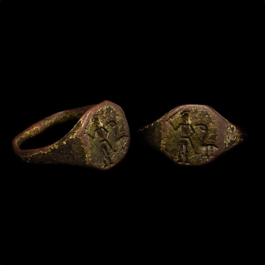 Roman Bronze Ring with Gladiator and Bird
