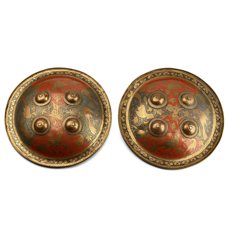 Indo-Persian Enamelled Brass Shield Pair