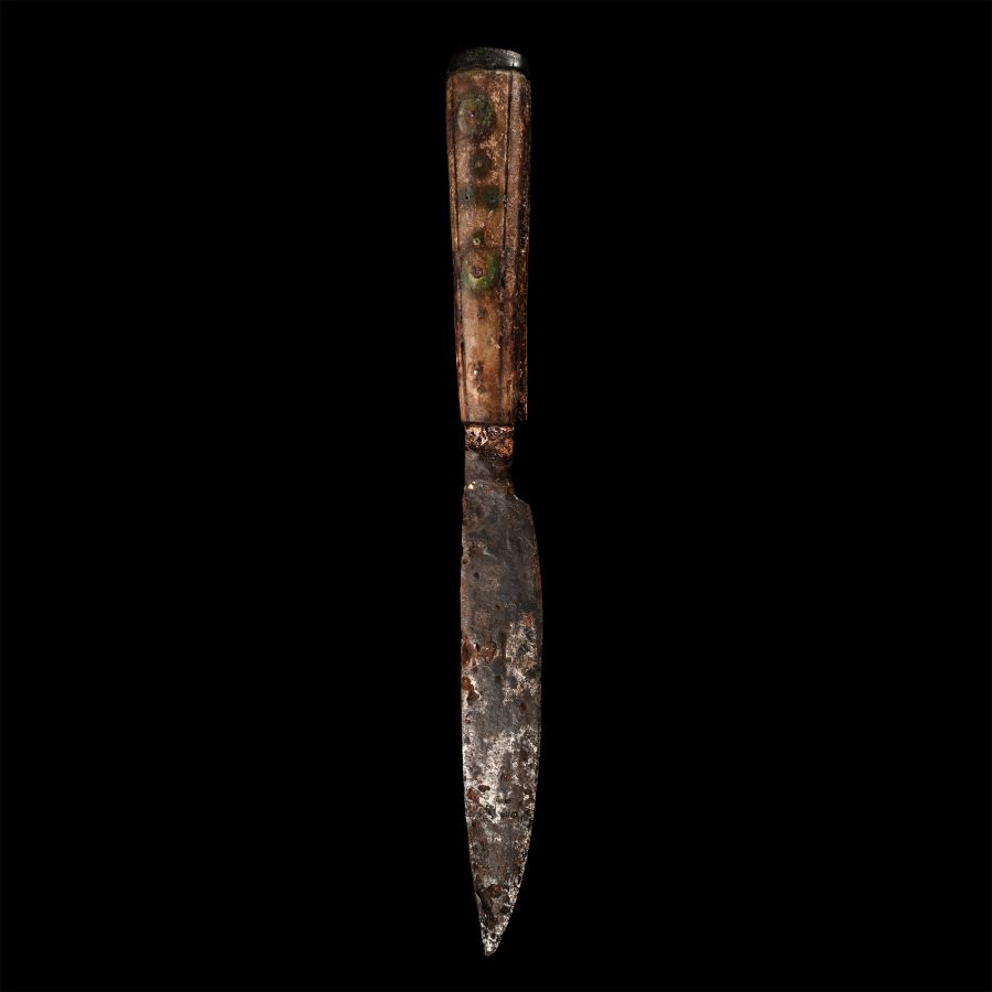 Medieval Bone-Handled Iron Knife with Long Cross in Blade