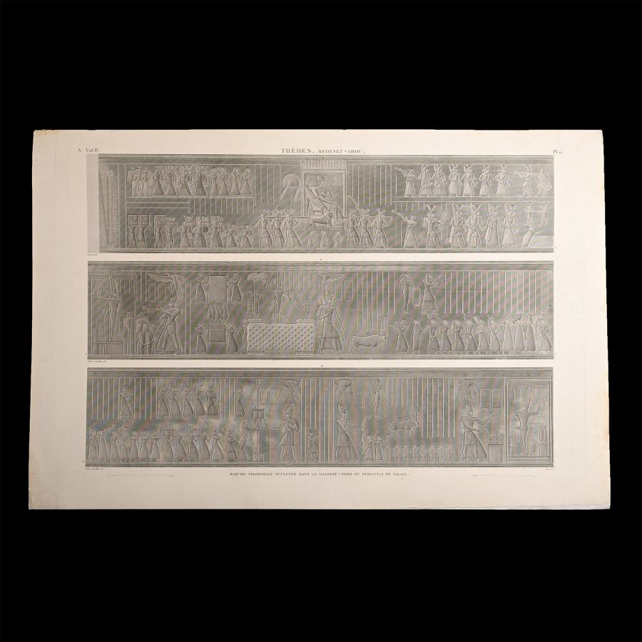 Very Large Egyptian Expedition Lithograph of the Reliefs of the Temple of Medynet-Abou at Thebes