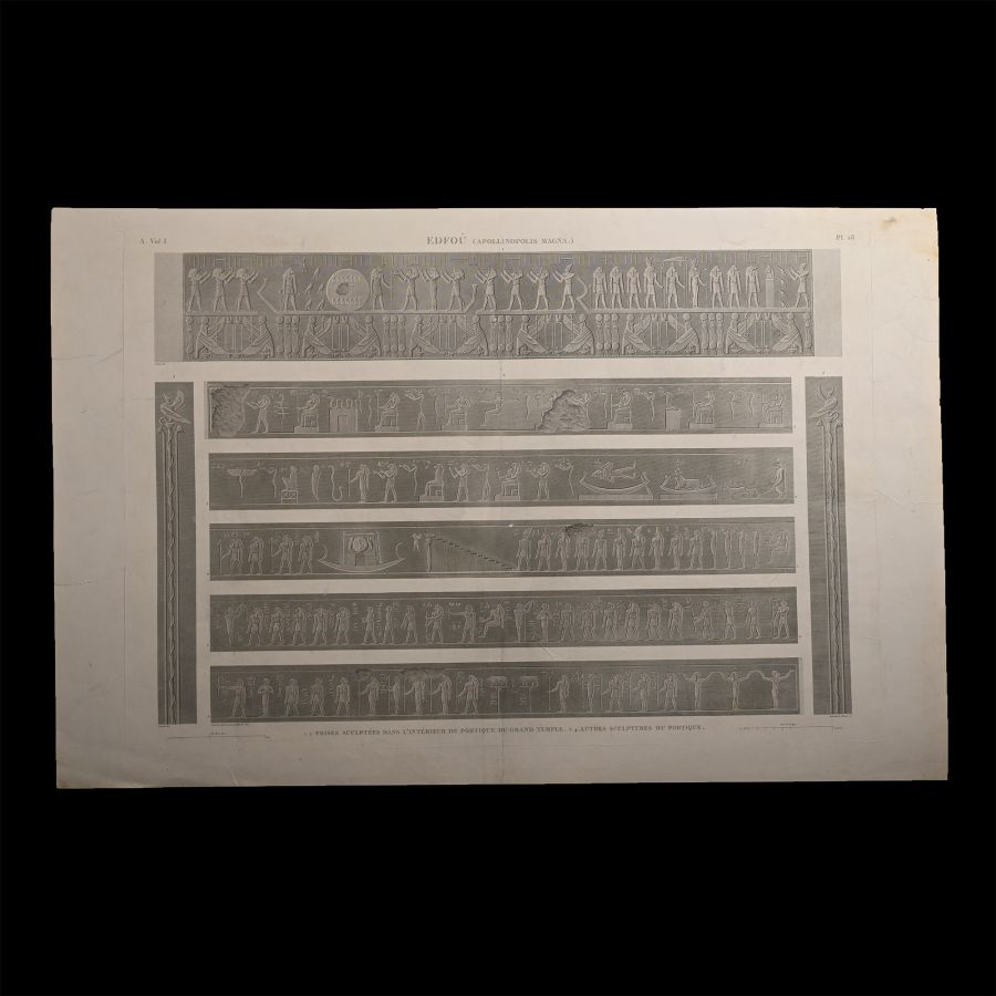 Very Large Egyptian Expedition Lithograph of Reliefs at the Grand Temple of Edfu