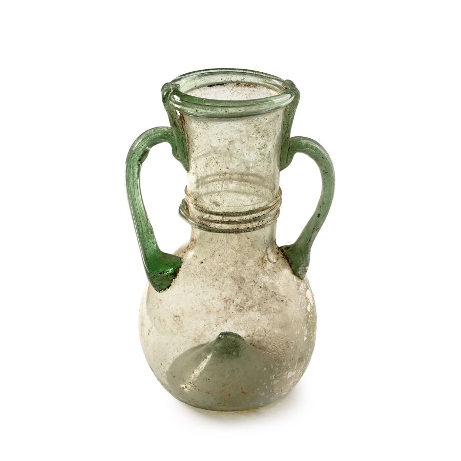 Roman Glass Double Handled Flask with Trailing