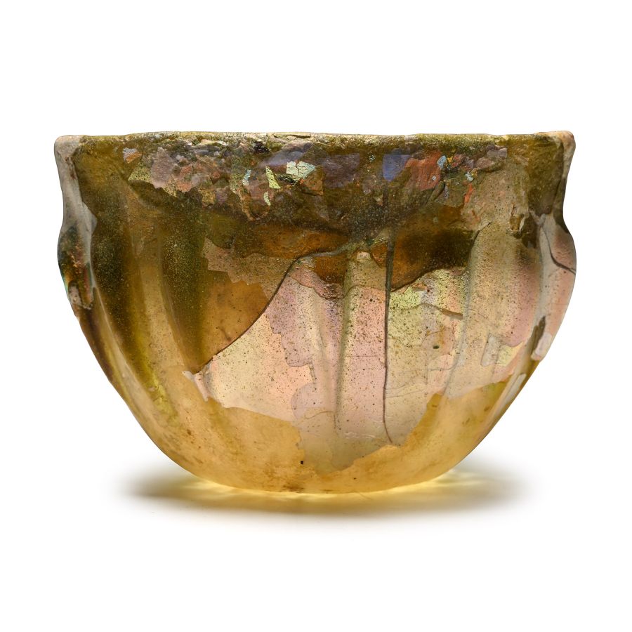 Roman Pillar-Moulded Honey-Coloured Glass Bowl with Fine Iridescence