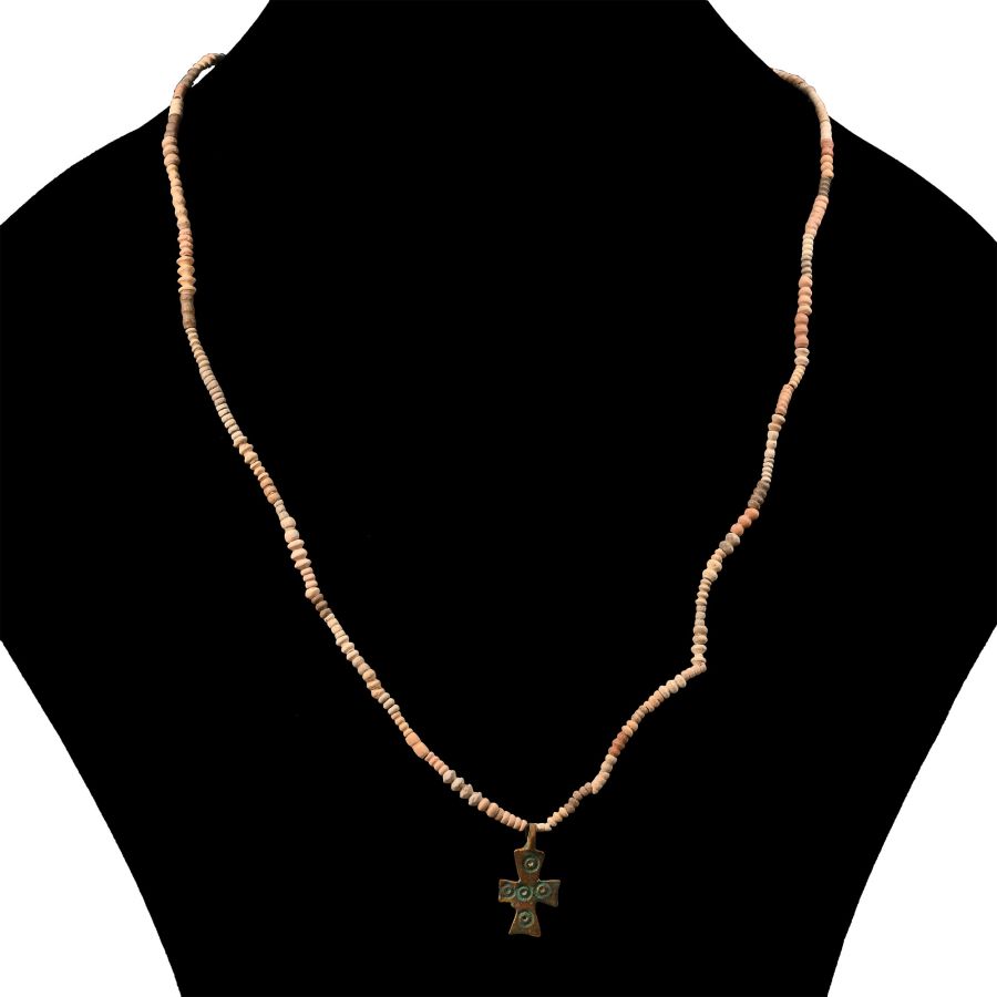 Byzantine Bronze Cross with African Terracotta Bead Necklace