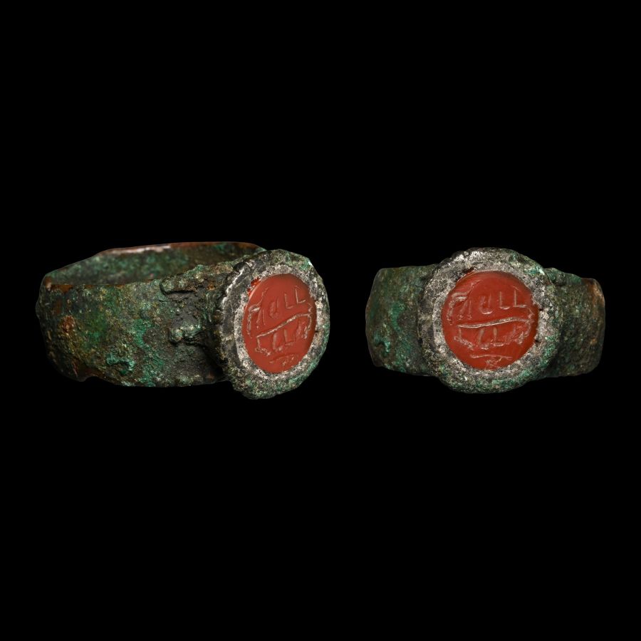 Western Asiatic Bronze Ring with Aramaic Seal Gemstone