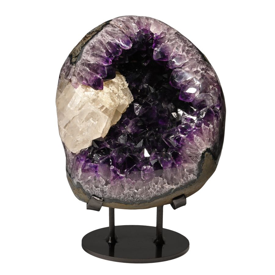 Egg-Shaped Amethyst Crystal Geode Display with Calcite
