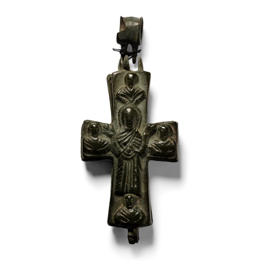 Large Byzantine Bronze Reliquary Cross Pendant
