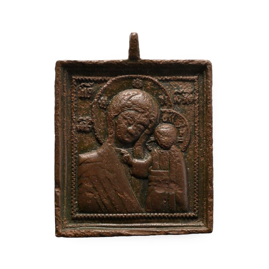Russian Bronze Travel Icon with Madonna and Child