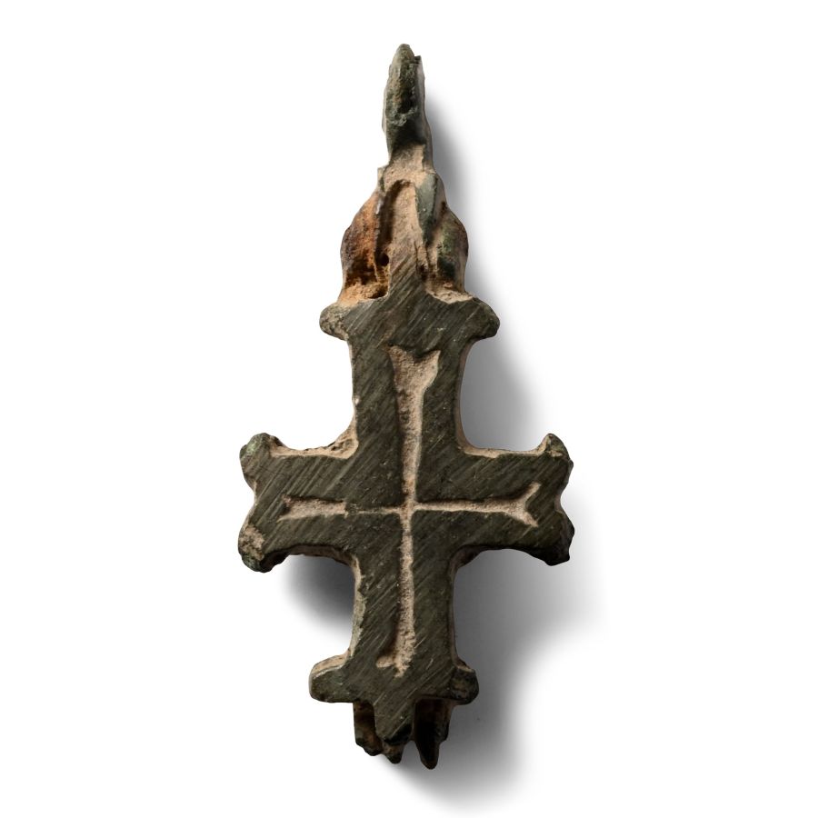 Byzantine Bronze Reliquary Cross Pendant