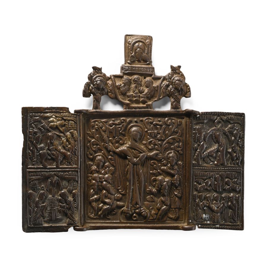 Eastern European Bronze Folding Triptych Icon of the Mother of God 'Joy of All Who Sorrow'