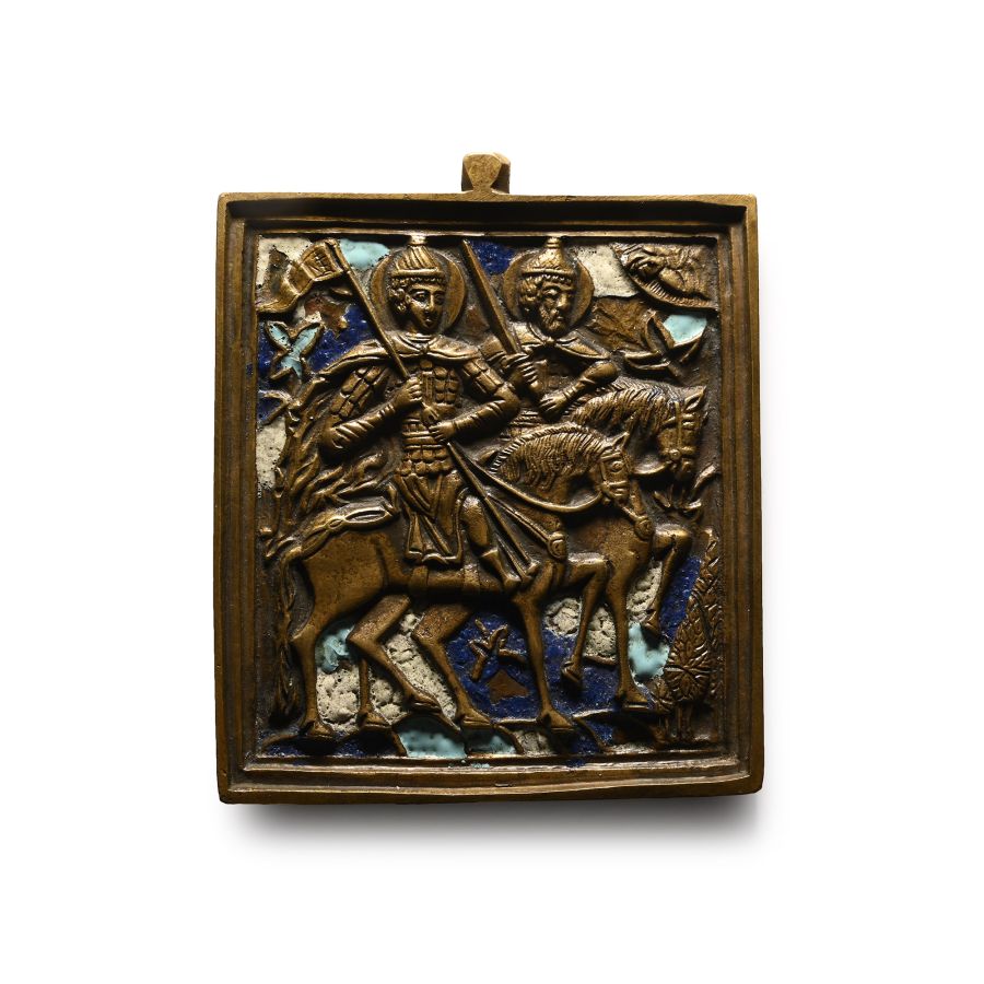 Russian Orthodox Enamelled Bronze Travel Icon with Saints Boris and Gleb