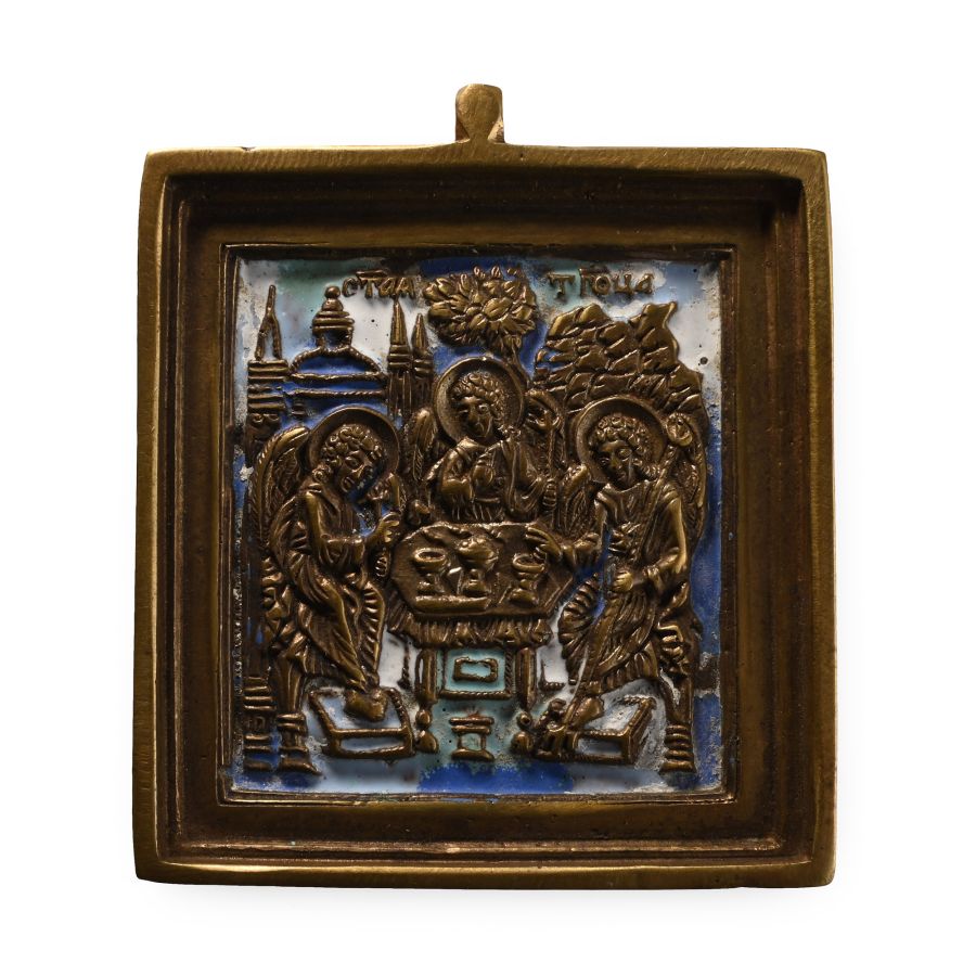 Russian Orthodox Enamelled Bronze Travel Icon with the Old Testament Trinity