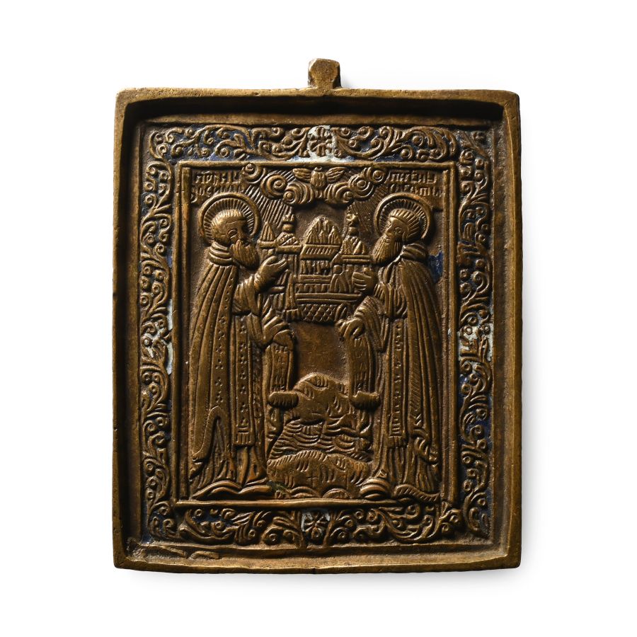 Russian Orthodox Enamelled Bronze Travel Icon with Saints Zosima and Sabbas