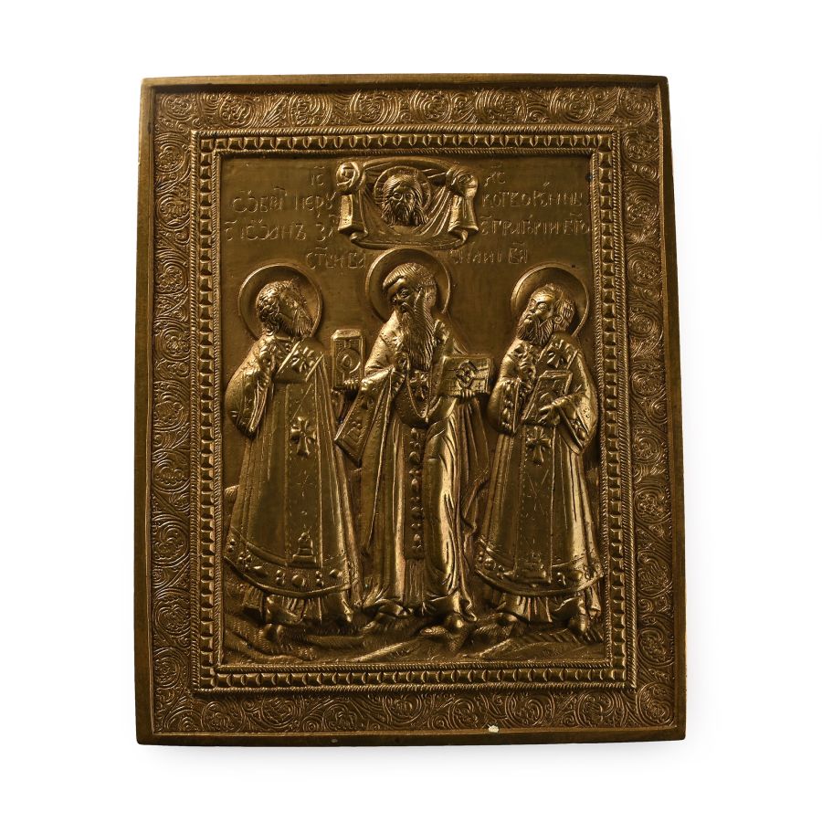 Russian Bronze Travel Icon with the Three Hierachs of Orthodoxy
