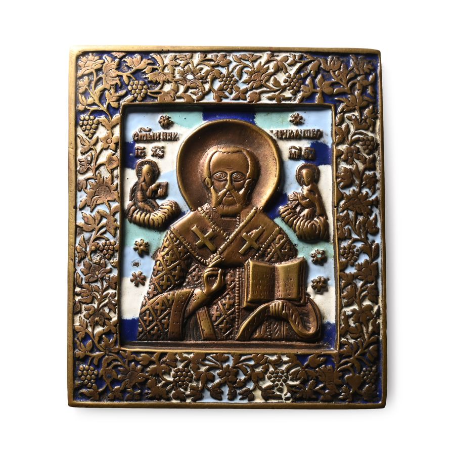 Russian Orthodox Enamelled Bronze Travel Icon with Saint Nicholas