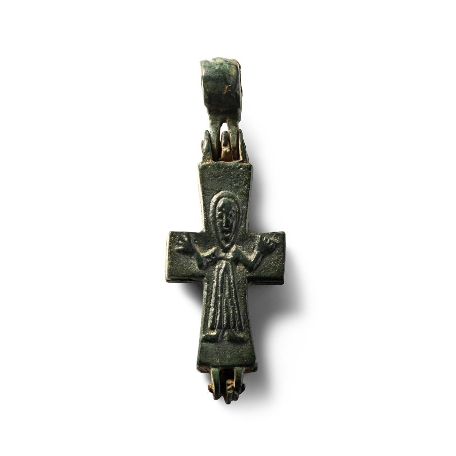 Byzantine Bronze Reliquary Cross Pendant