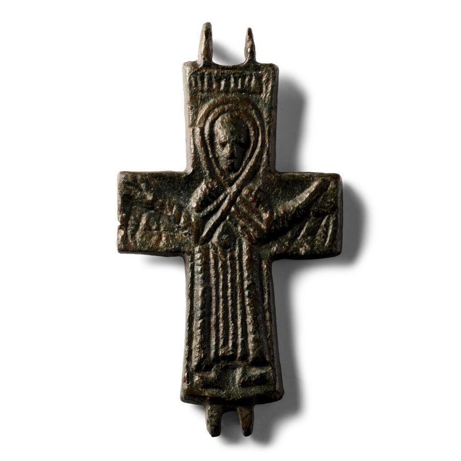Byzantine Bronze Reliquary Cross Pendant Plate