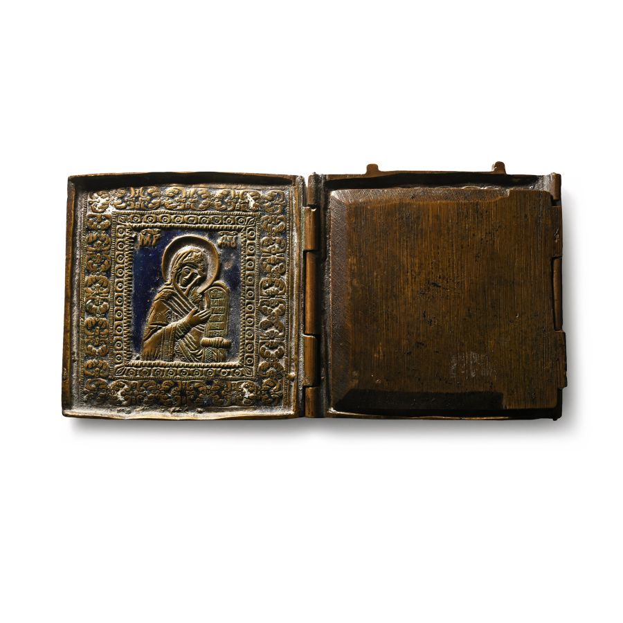 Russian Orthodox Enamelled Bronze Triptych Icon with Christ, Virgin Mary and Saint John