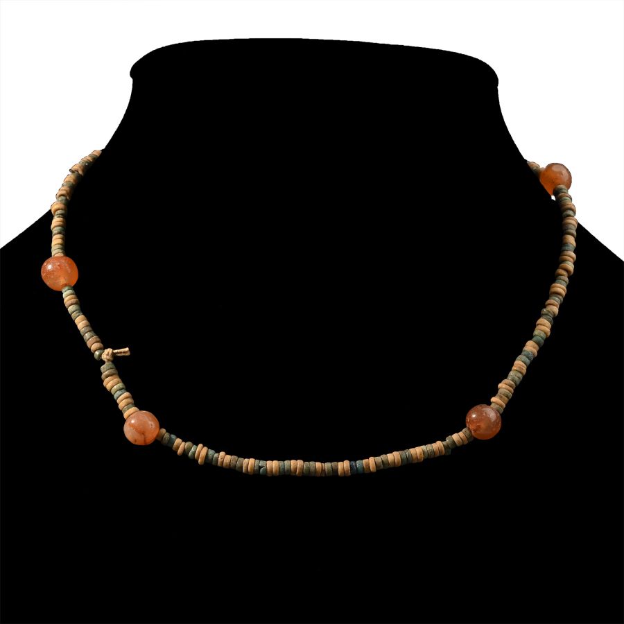 Egyptian Faience Mummy Bead Necklace with Carnelian Feature Beads