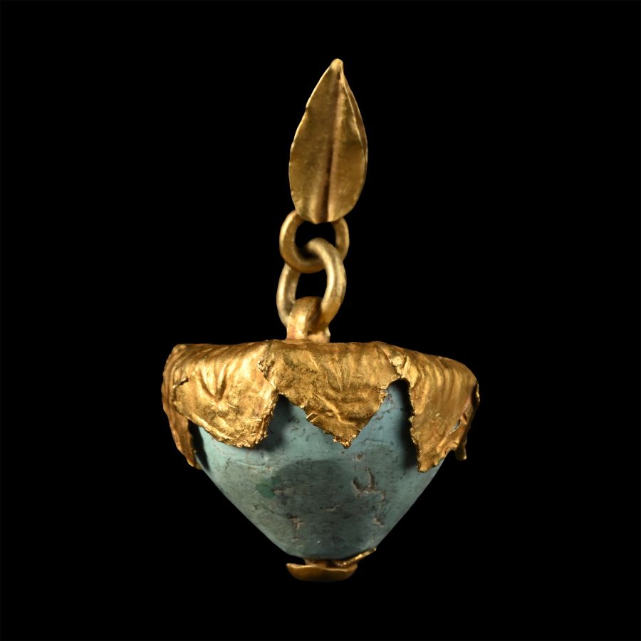 Large Western Asiatic Gold Framed Turquoise Bead